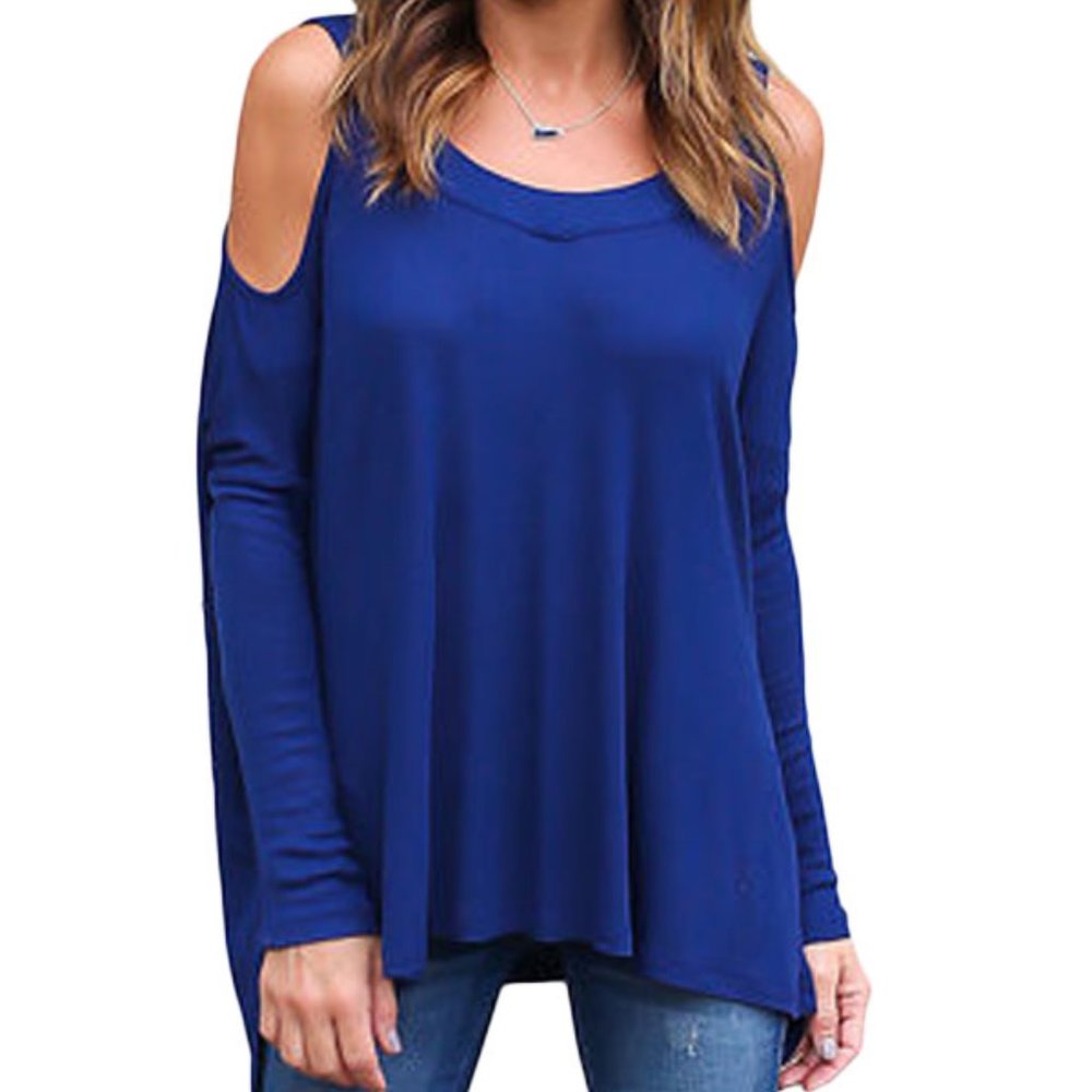 Blue Long Sleeve Relaxed Fit Cold Shoulder Top